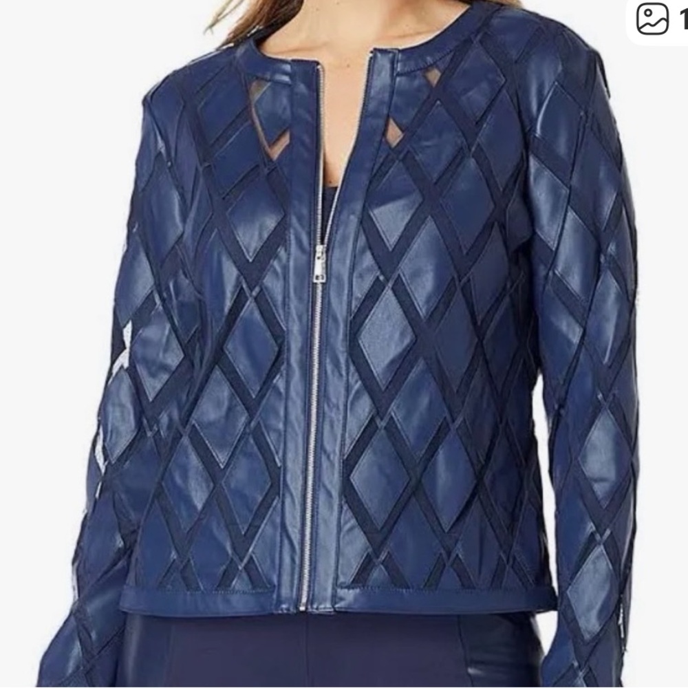 Colleen Lopez Blue Quilted Faux Leather & Mesh Diamond Jacket